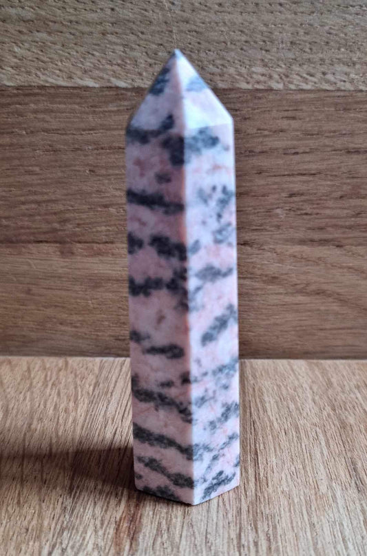 Pink zebra jasper point, 8.44cm