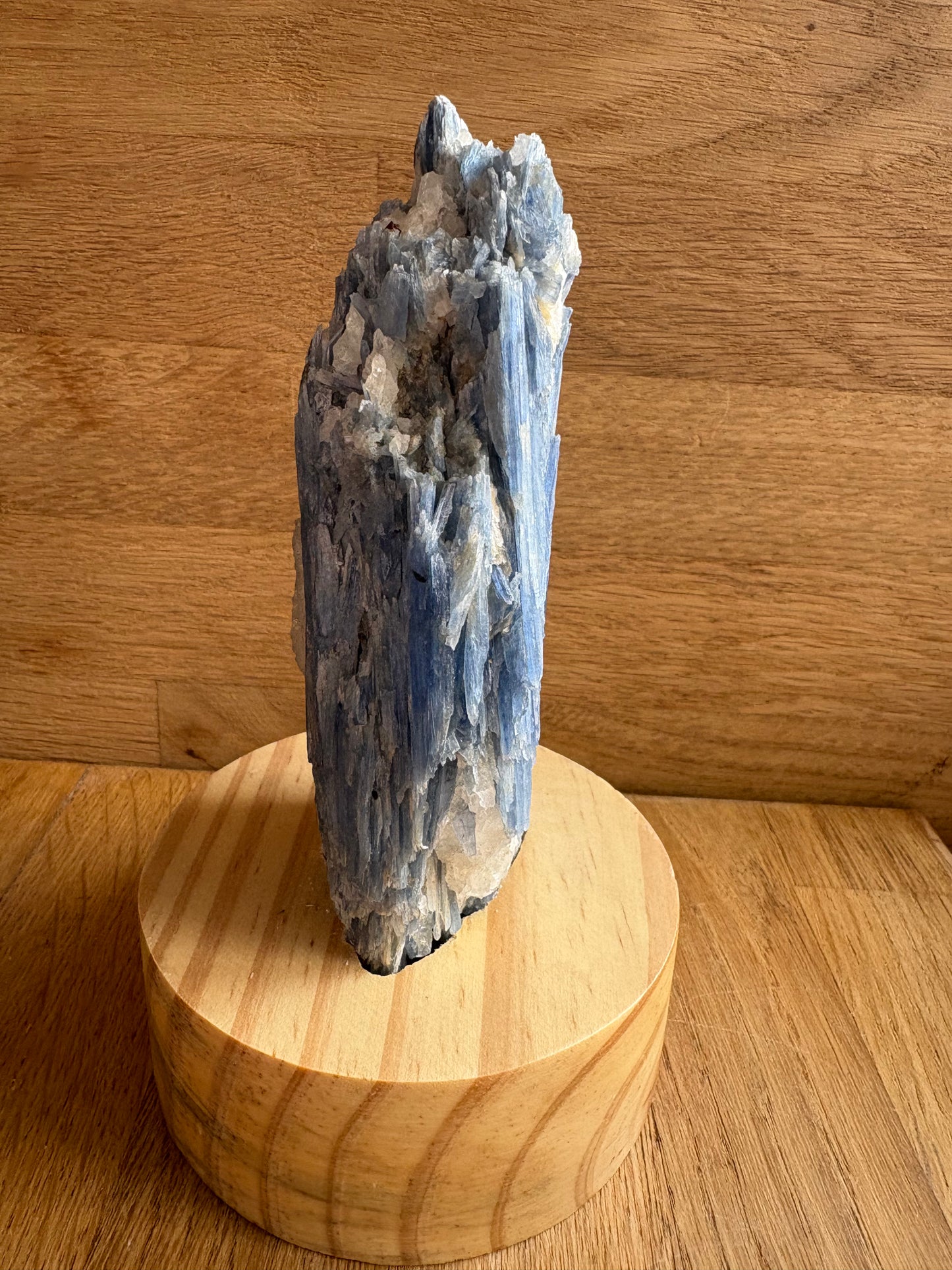 Kyanite and quartz freeform on wooden stand