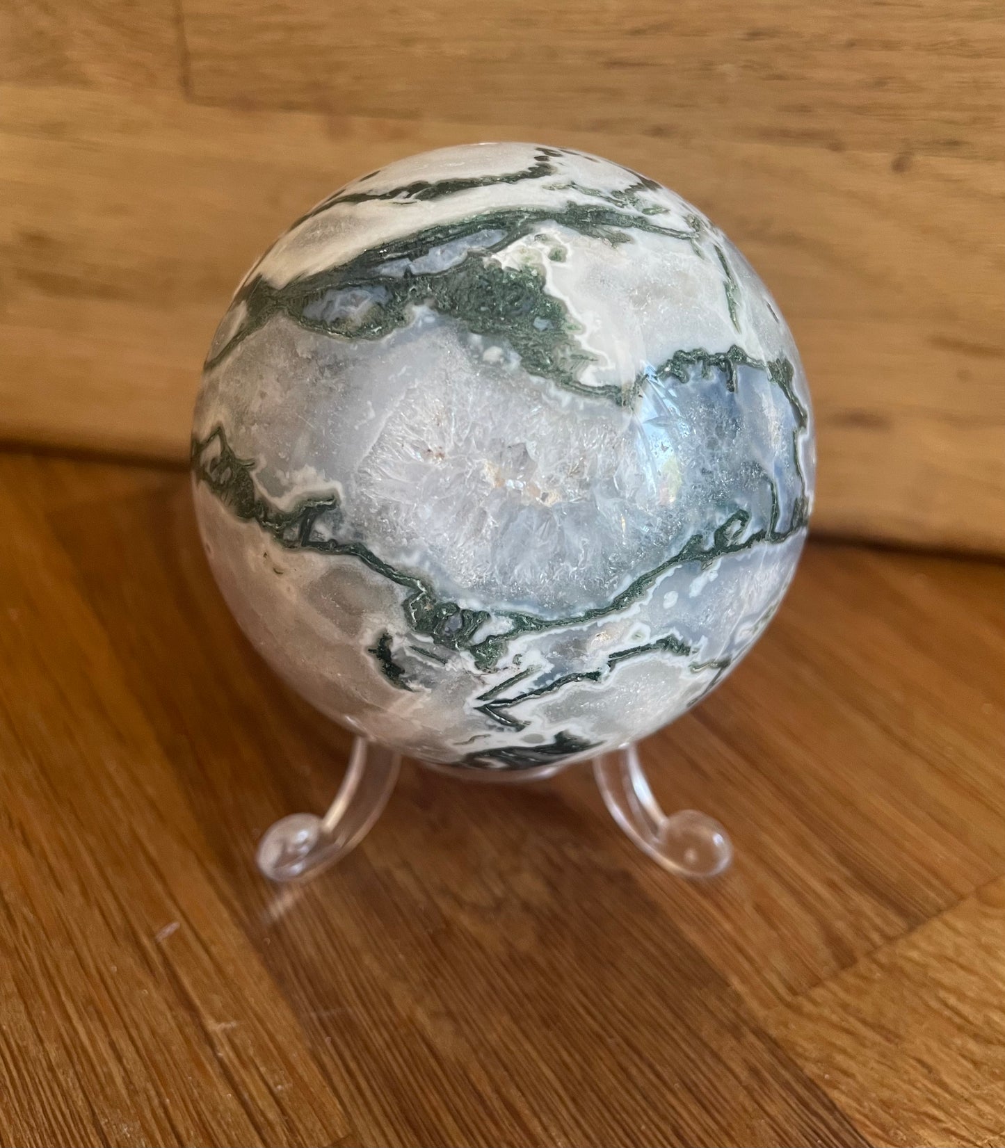 Moss agate sphere, 6.46cm