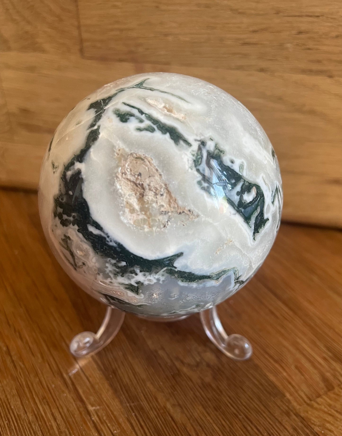 Moss agate sphere, 6.46cm