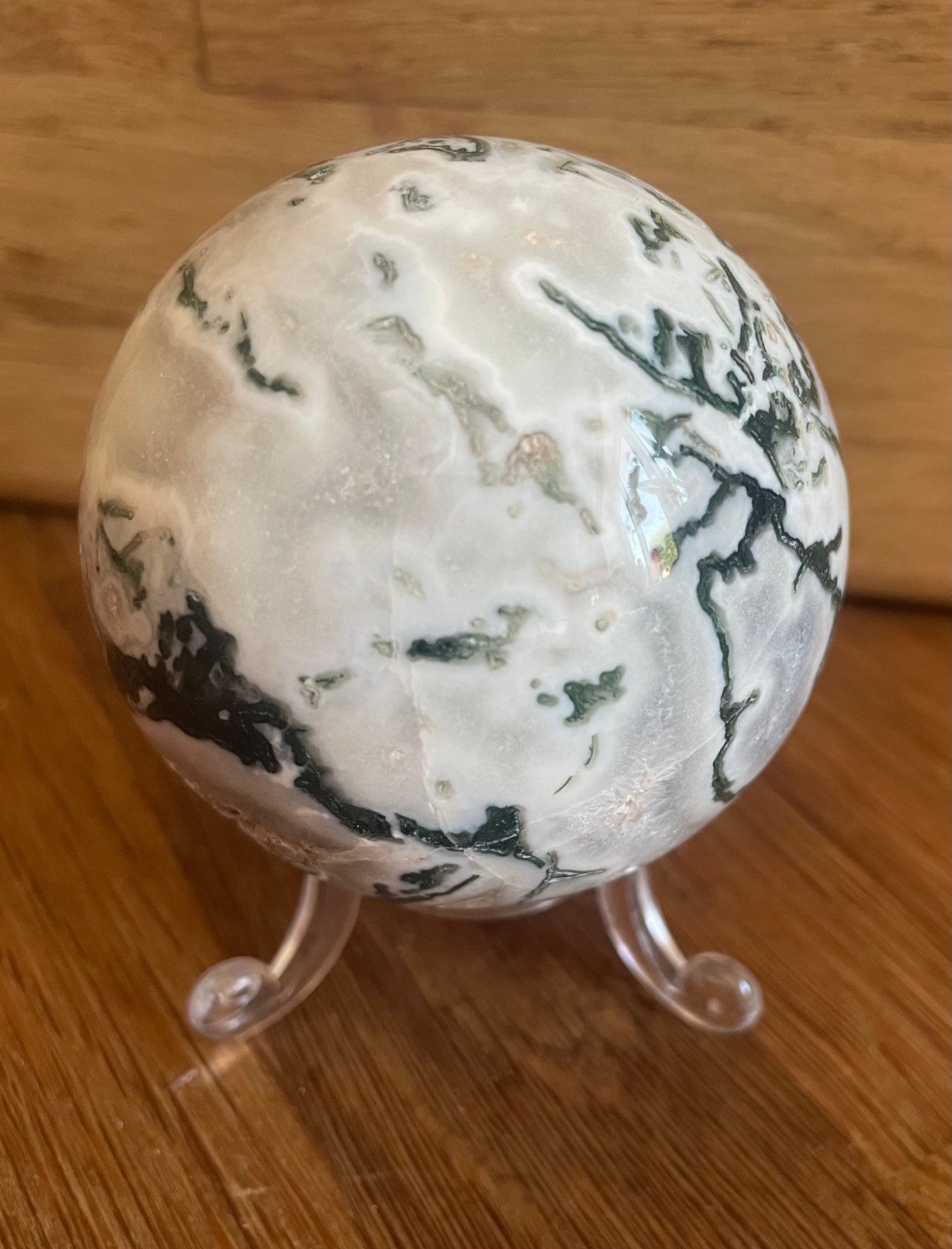 Moss agate sphere, 6.46cm