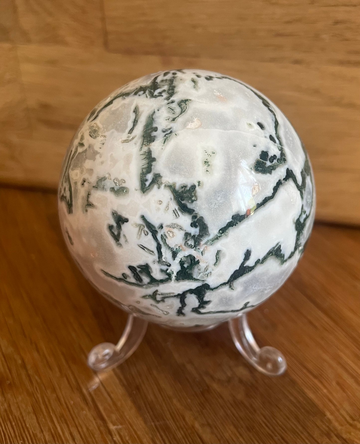 Moss agate sphere, 6.46cm