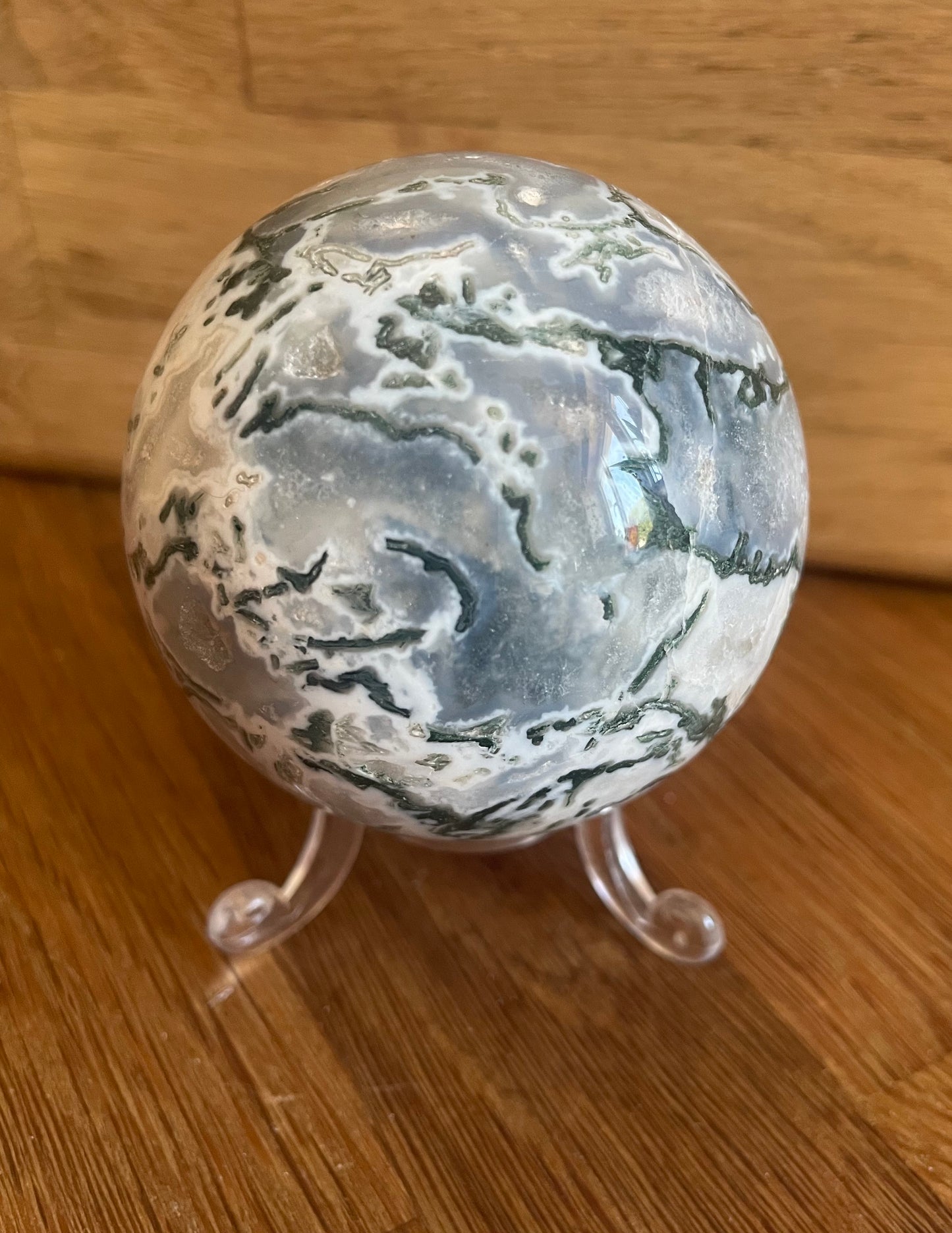 Moss agate sphere, 6.46cm