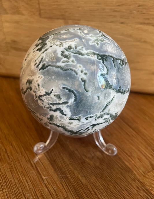 Moss agate sphere, 6.46cm