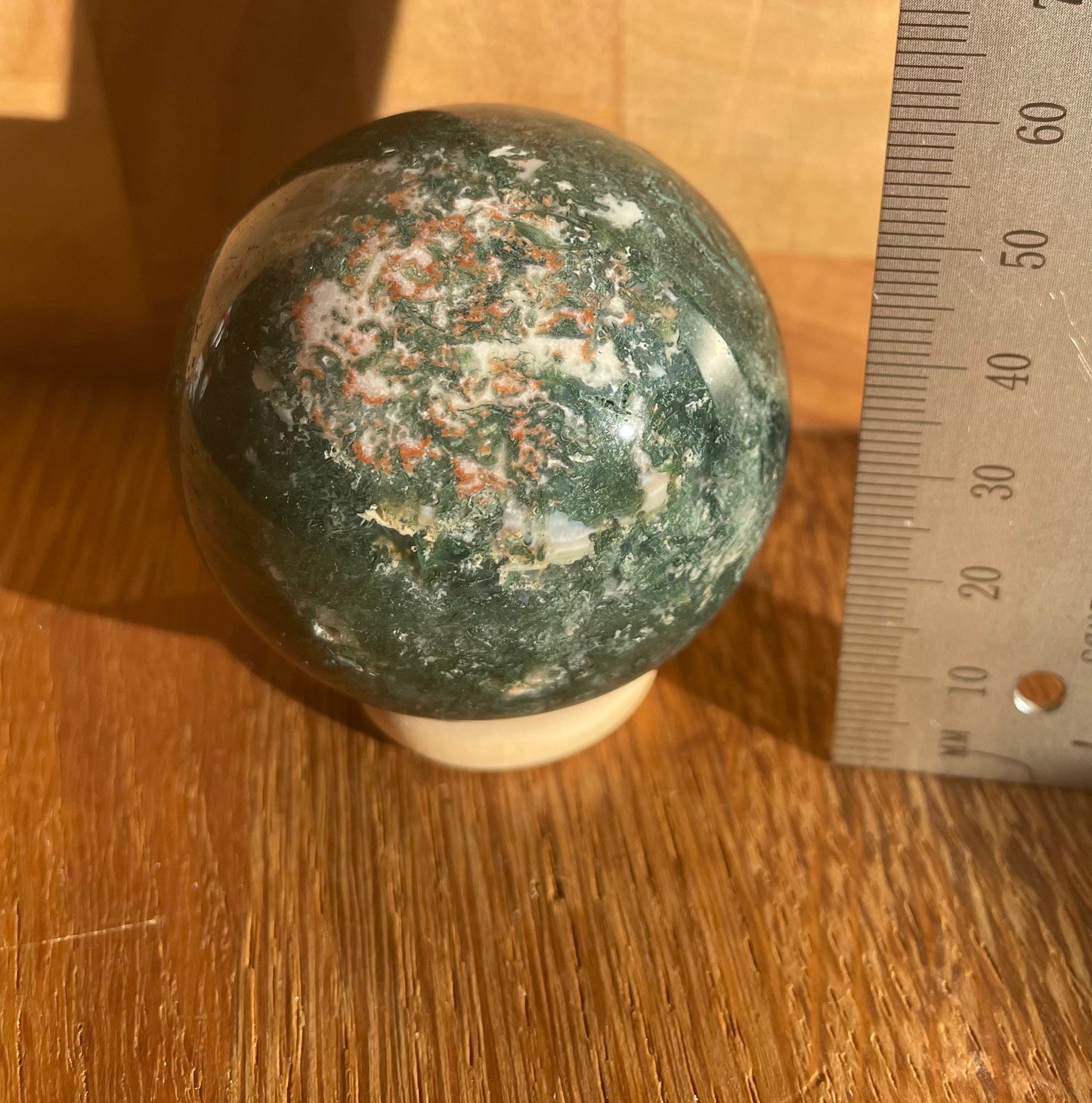 Moss agate sphere, 5.3cm